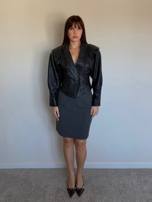 cropped leather jacket with grey pencil skirt and pointy black heels