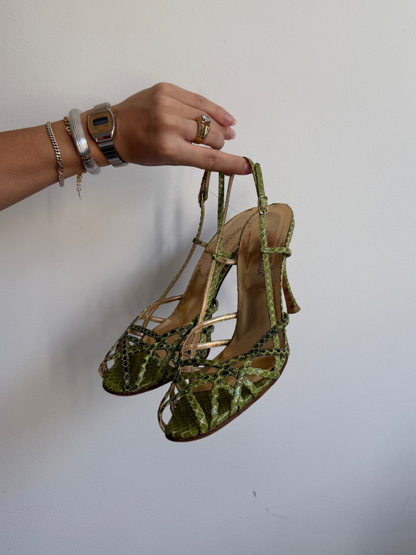Dolce and Gabbana Green Strappy Snakeskin Heels IT 38/39