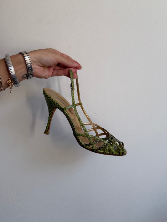 Dolce and Gabbana Green Strappy Snakeskin Heels IT 38/39