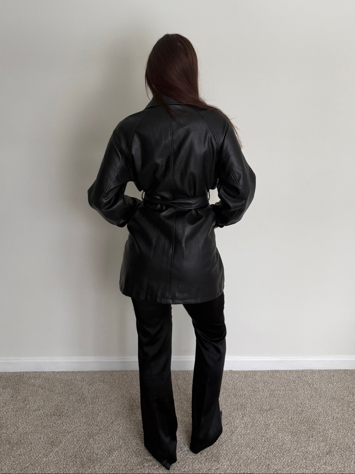 Faux Leather Coat with Tie Waist