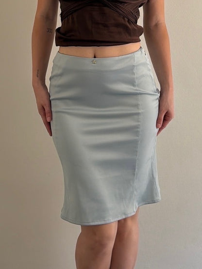 Person wearing a light blue skirt and brown top against a plain background