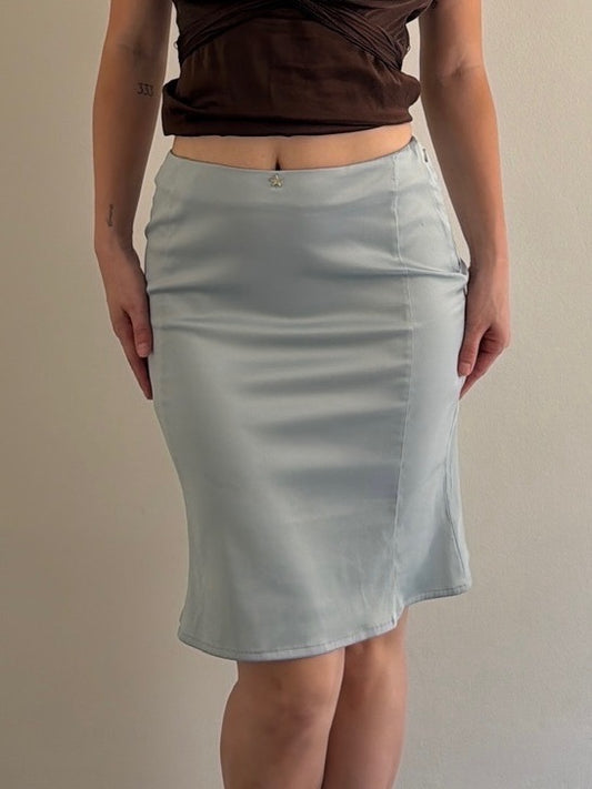 Person wearing a light blue skirt and brown top against a plain background