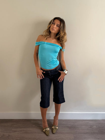 Versace top with denim capris