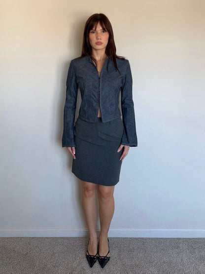 denim cropped jacket with grey pencil skirt and black heels