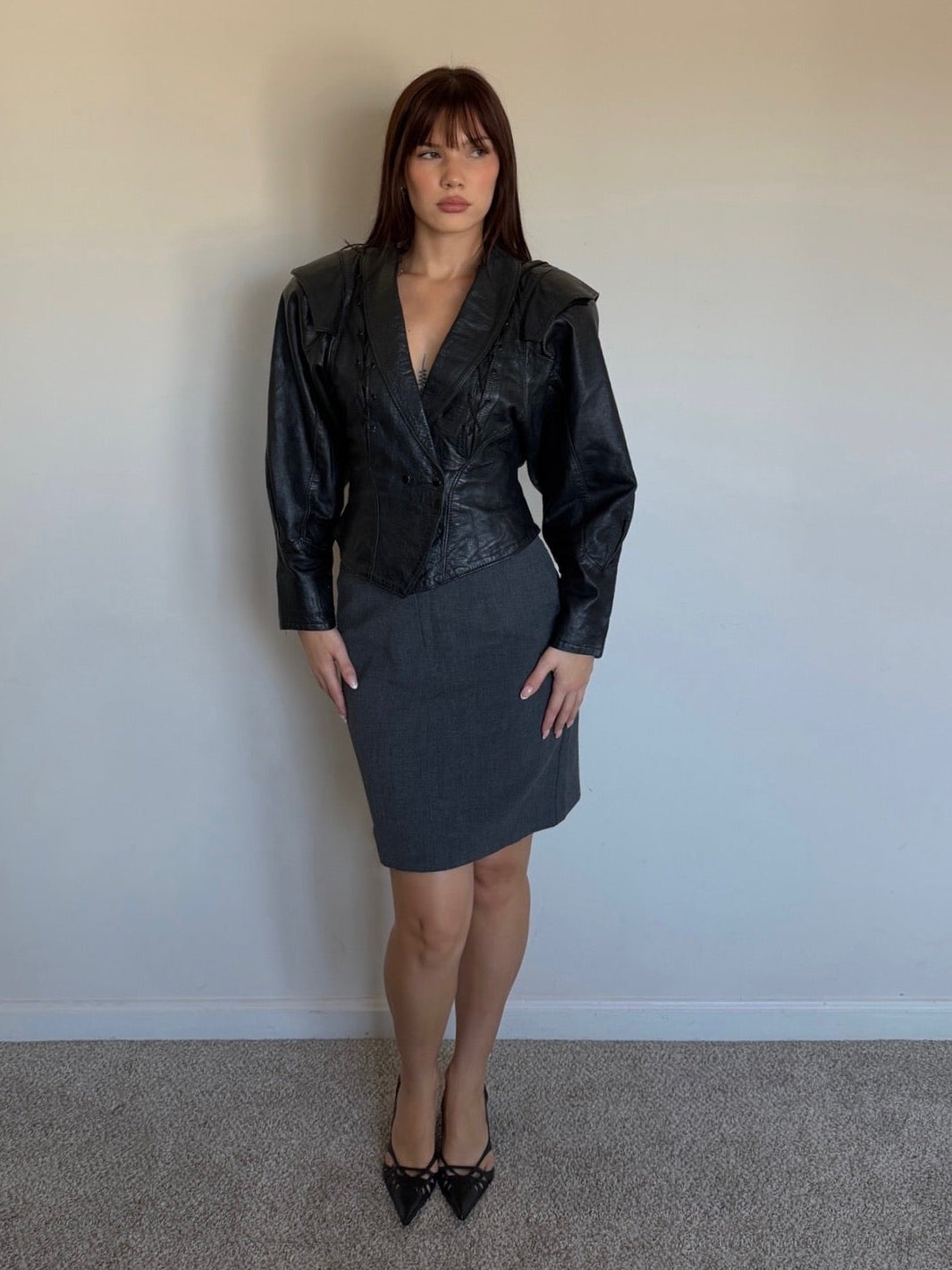 cropped leather jacket and grey pencil skirt