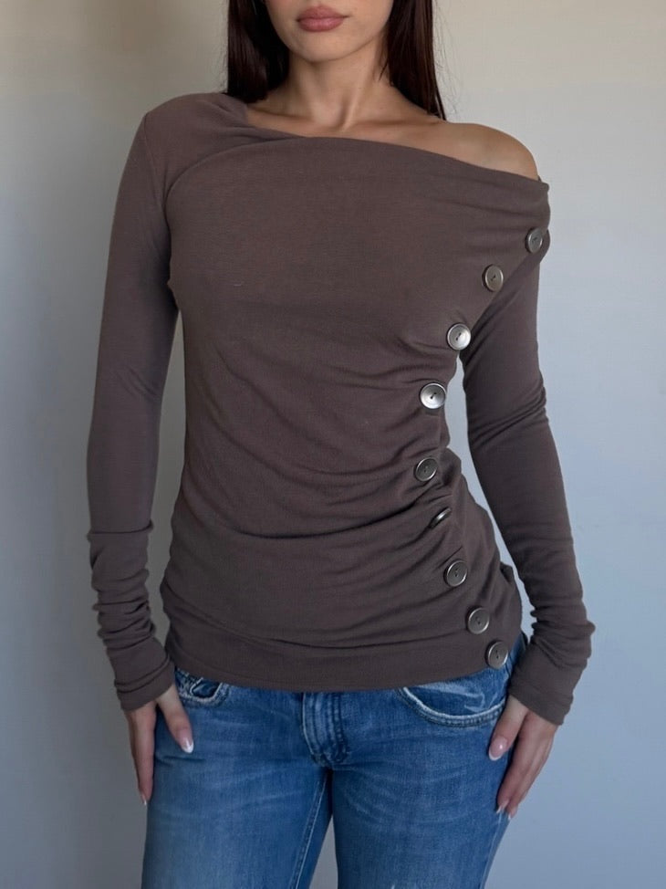 asymmetrical brown top with buttons 
