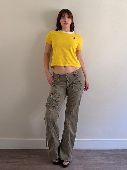 Yellow baby tee with cargo pans 