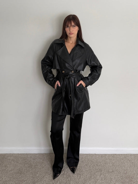 Faux Leather Coat with Tie Waist