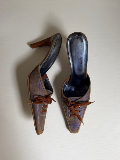 Pair of vintage brown high-heeled shoes on a white background