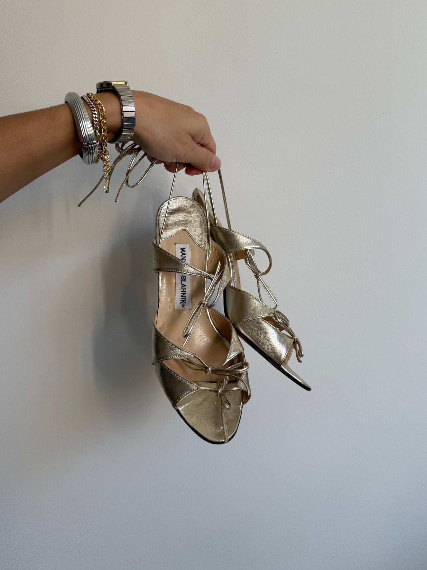 Manolo Blahnik Gold Leather Strappy Heels IT 37