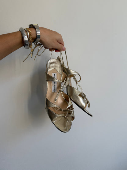 Manolo Blahnik Gold Leather Strappy Heels IT 37