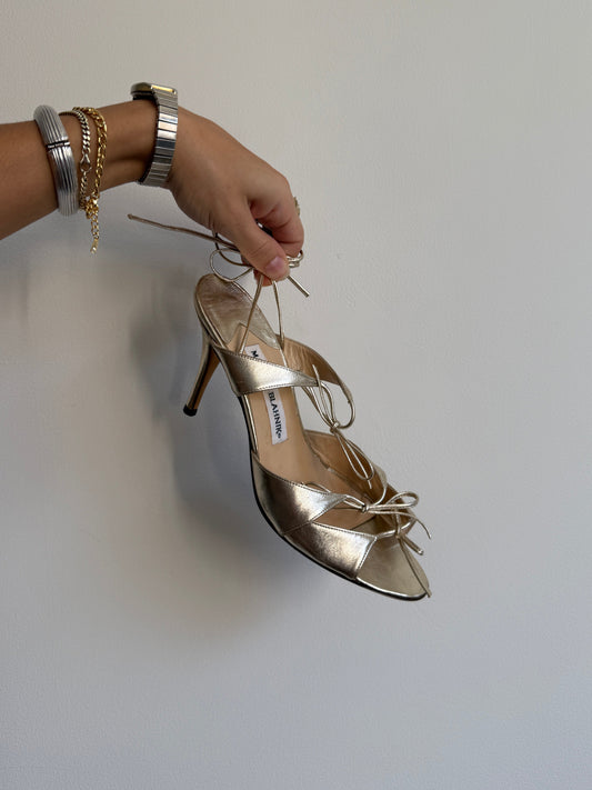 Manolo Blahnik Gold Leather Strappy Heels IT 37