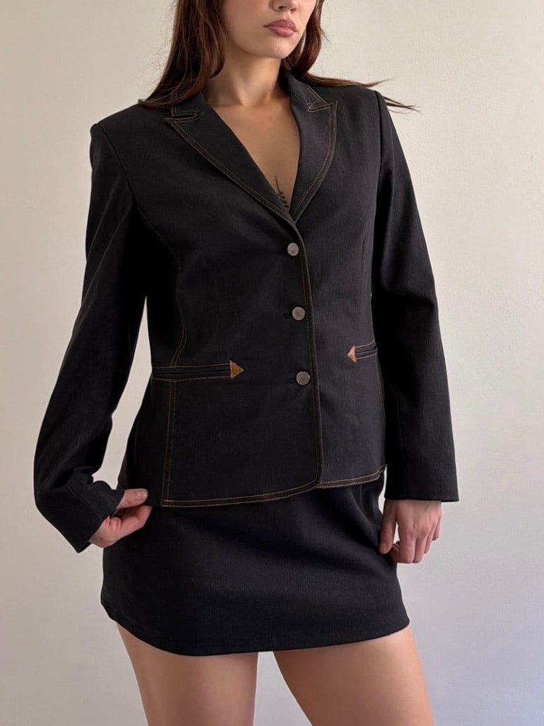 dark denim blazer and skirt set