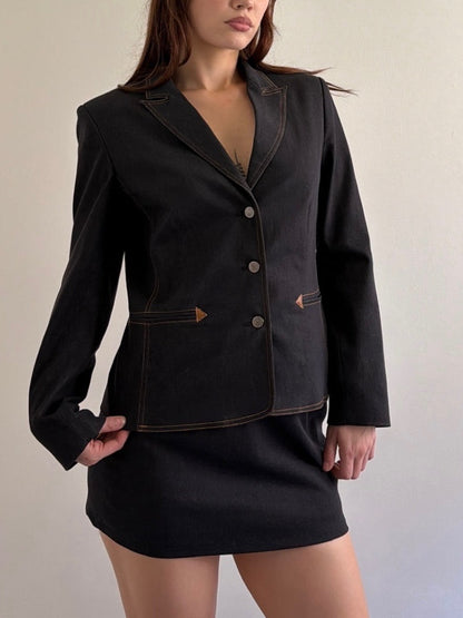 dark denim blazer and skirt set