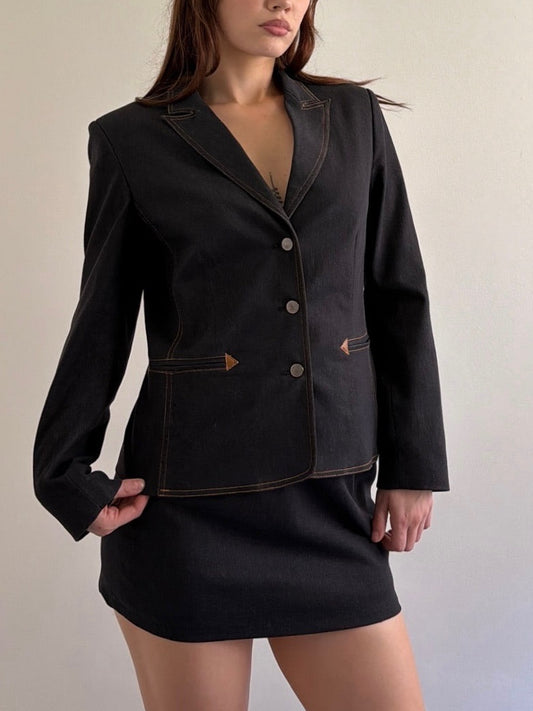 dark denim blazer and skirt set