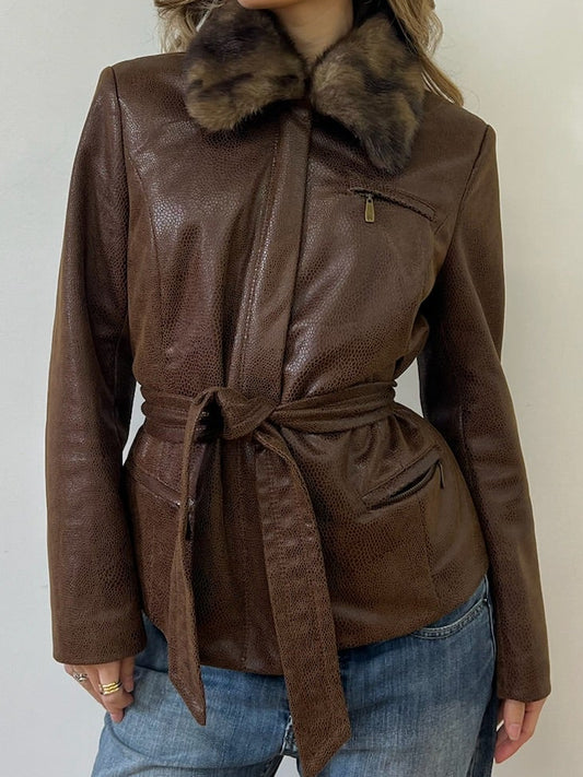Brown Leather and Fur Trim Coat