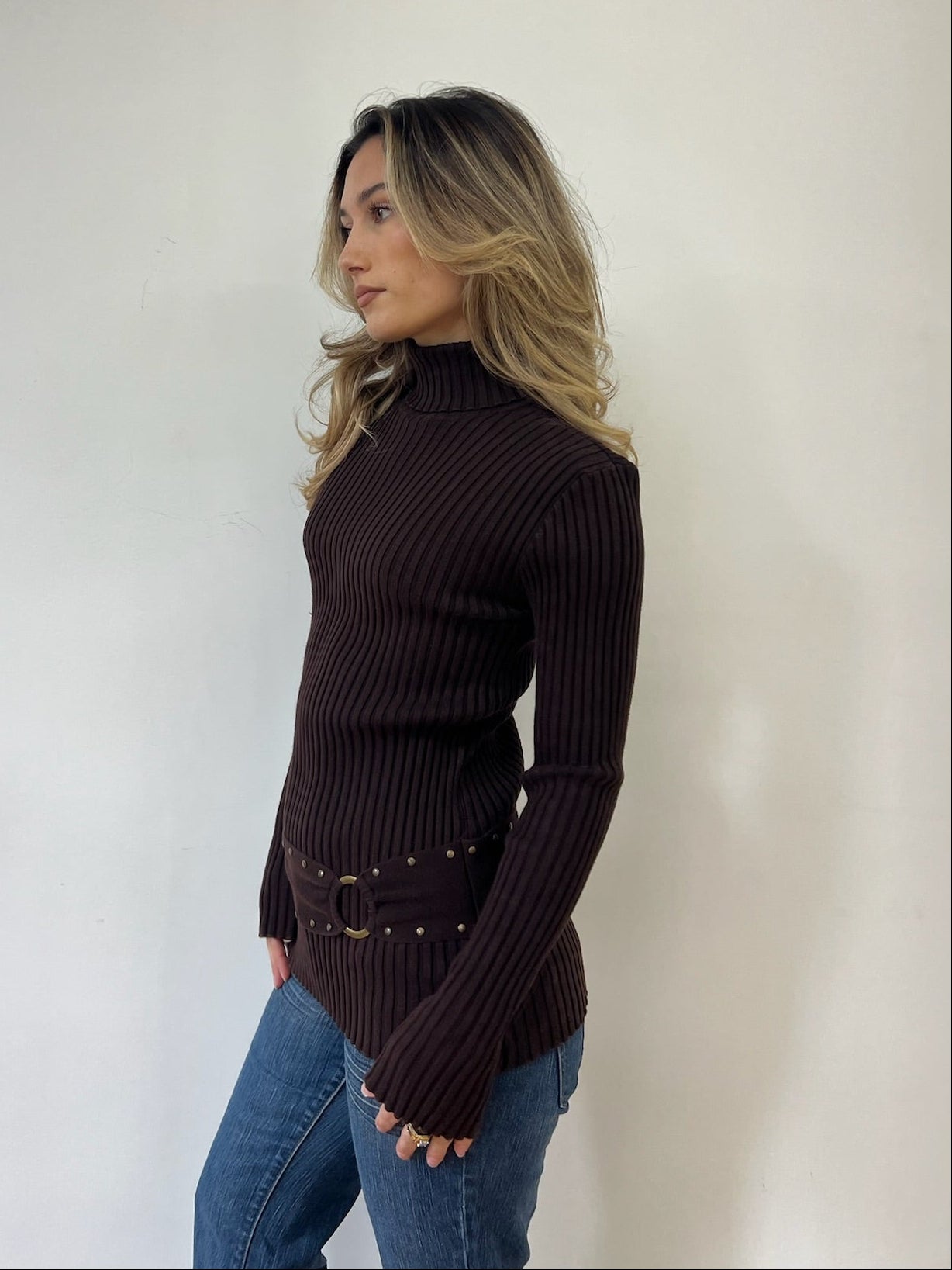 Brown Belted Longsleeve Turtleneck