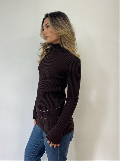 Brown Belted Longsleeve Turtleneck