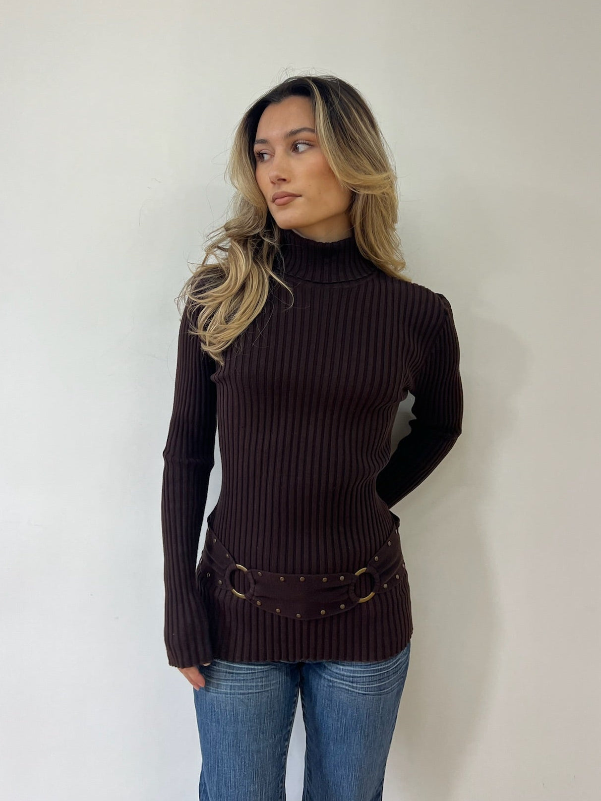 Brown Belted Longsleeve Turtleneck