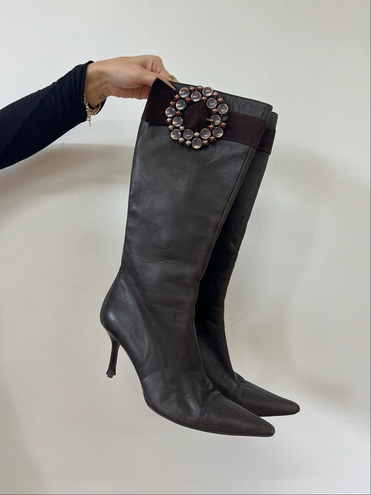 Escada Brown Leather Pointy Toe with Embellished Detail EU 38