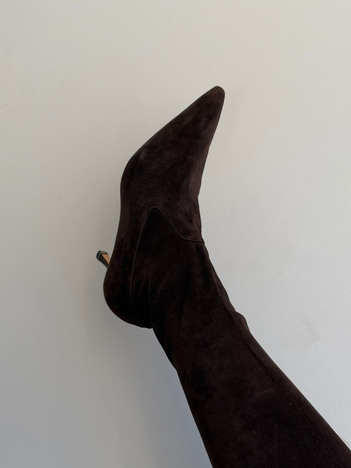Dark brown knee-high boot on a light gray background