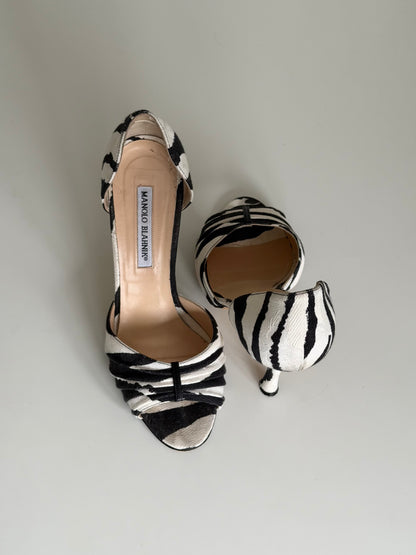 Manolo Blahnik zebra-striped high-heeled shoes on a light gray background