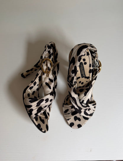 Pair of leopard print high heels on a white surface