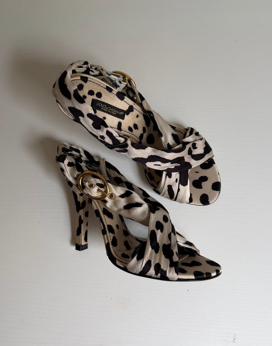 Pair of leopard print high-heeled shoes on a white surface