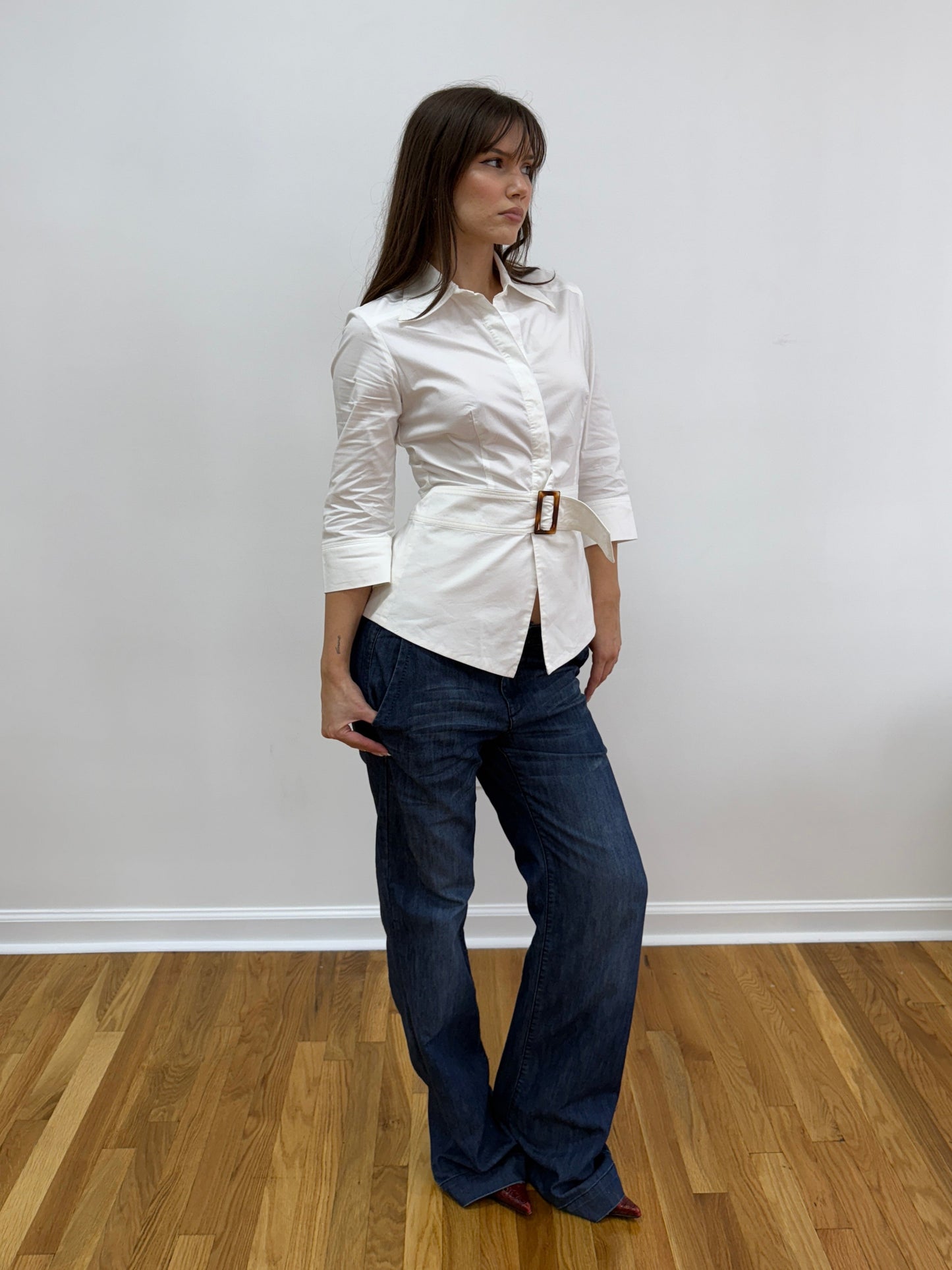 Blouse w/ Front Belt & Ladder Cut Out Back