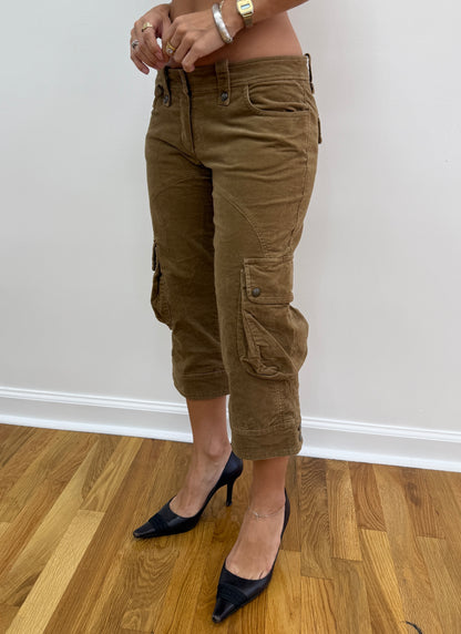 Low-Rise Brown Suede Cropped Capris
