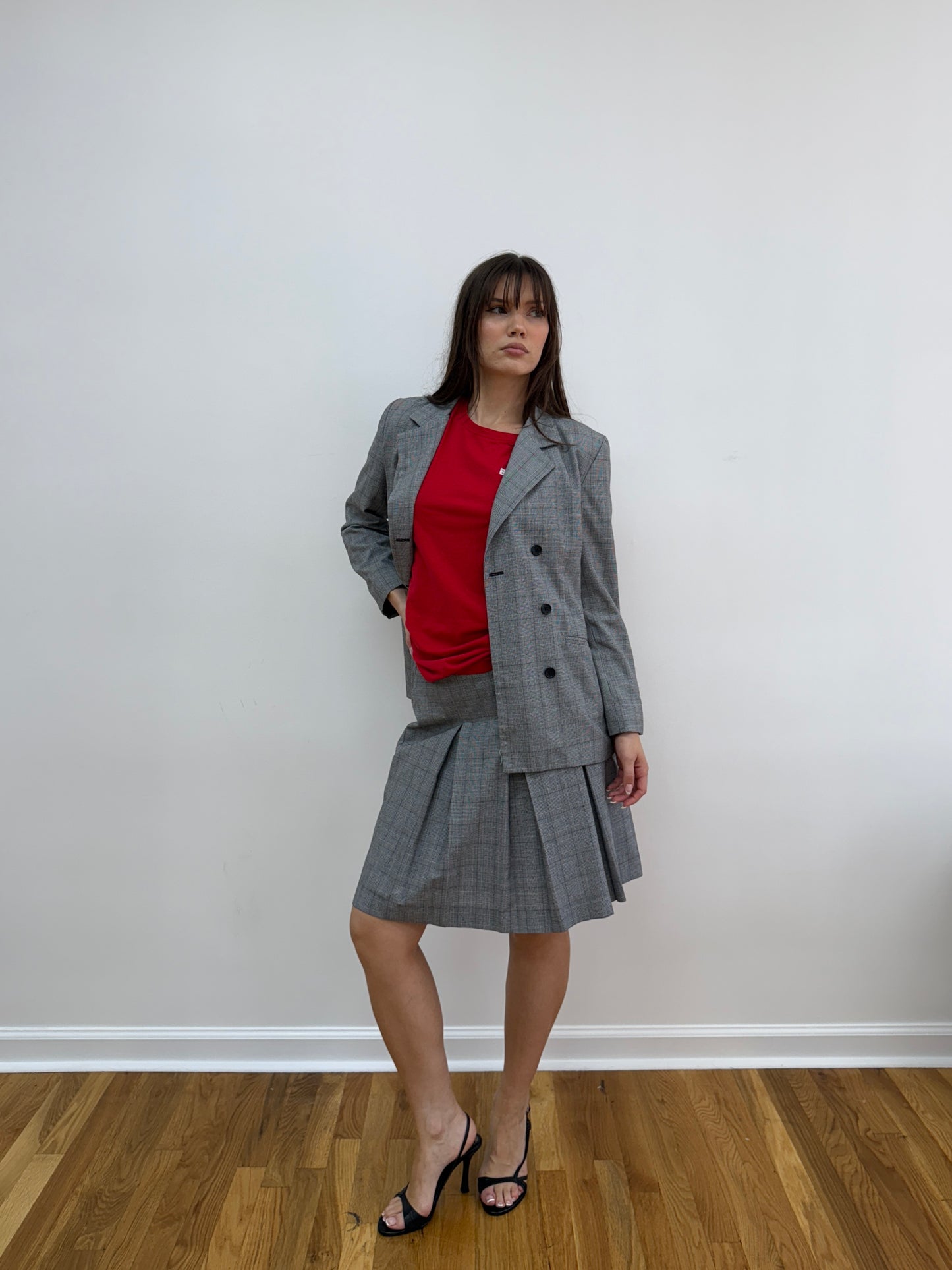 Gray Striped Blazer and Skirt Set