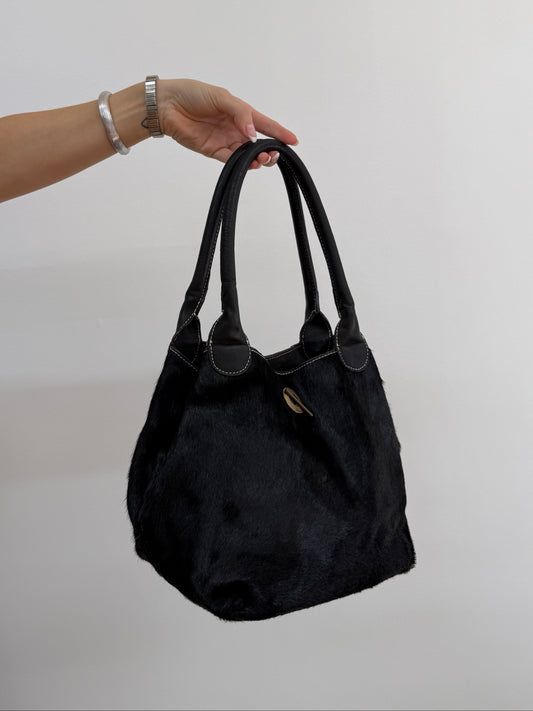 Black Cowhide Bucket Bag