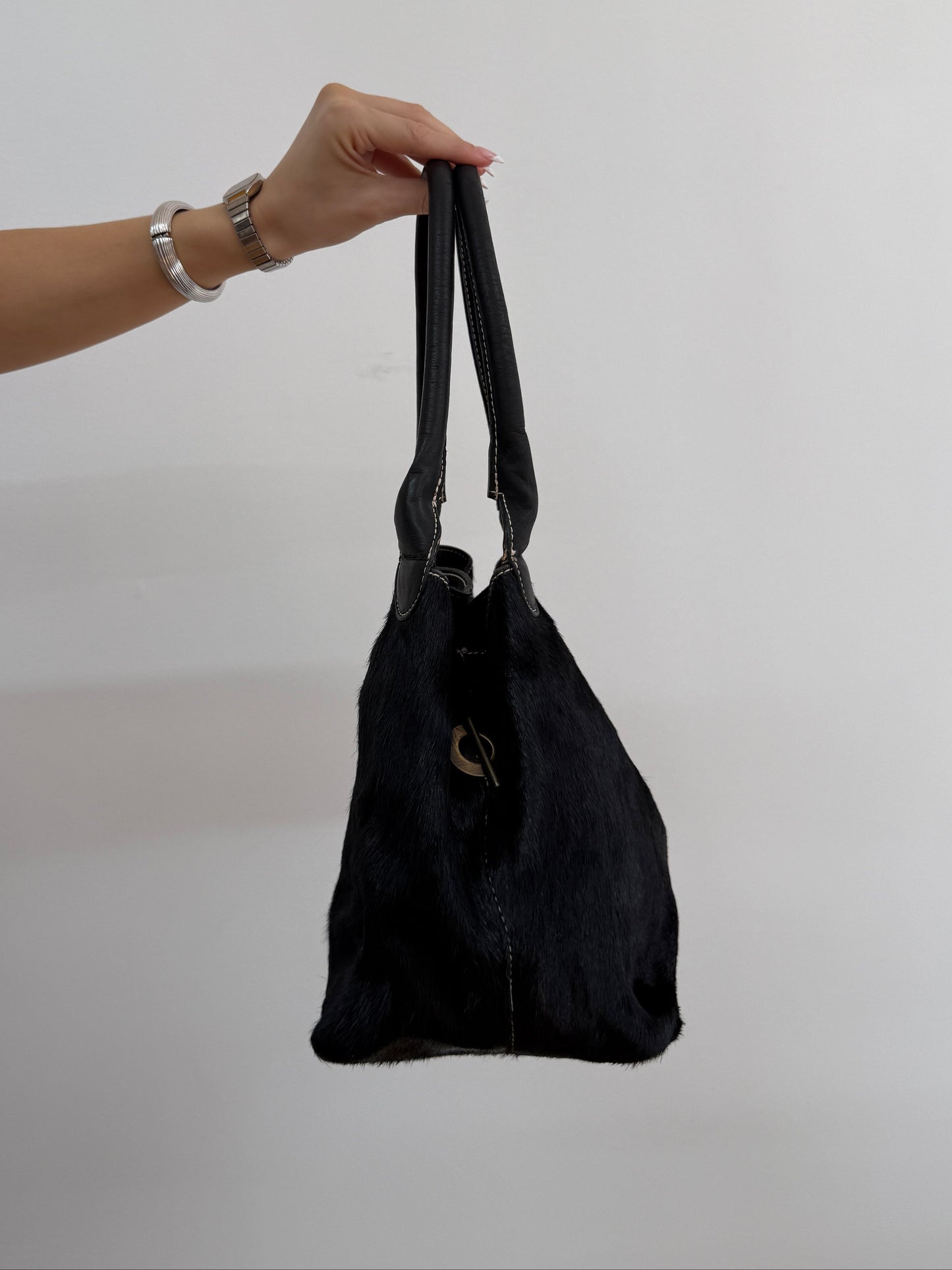 Black Cowhide Bucket Bag