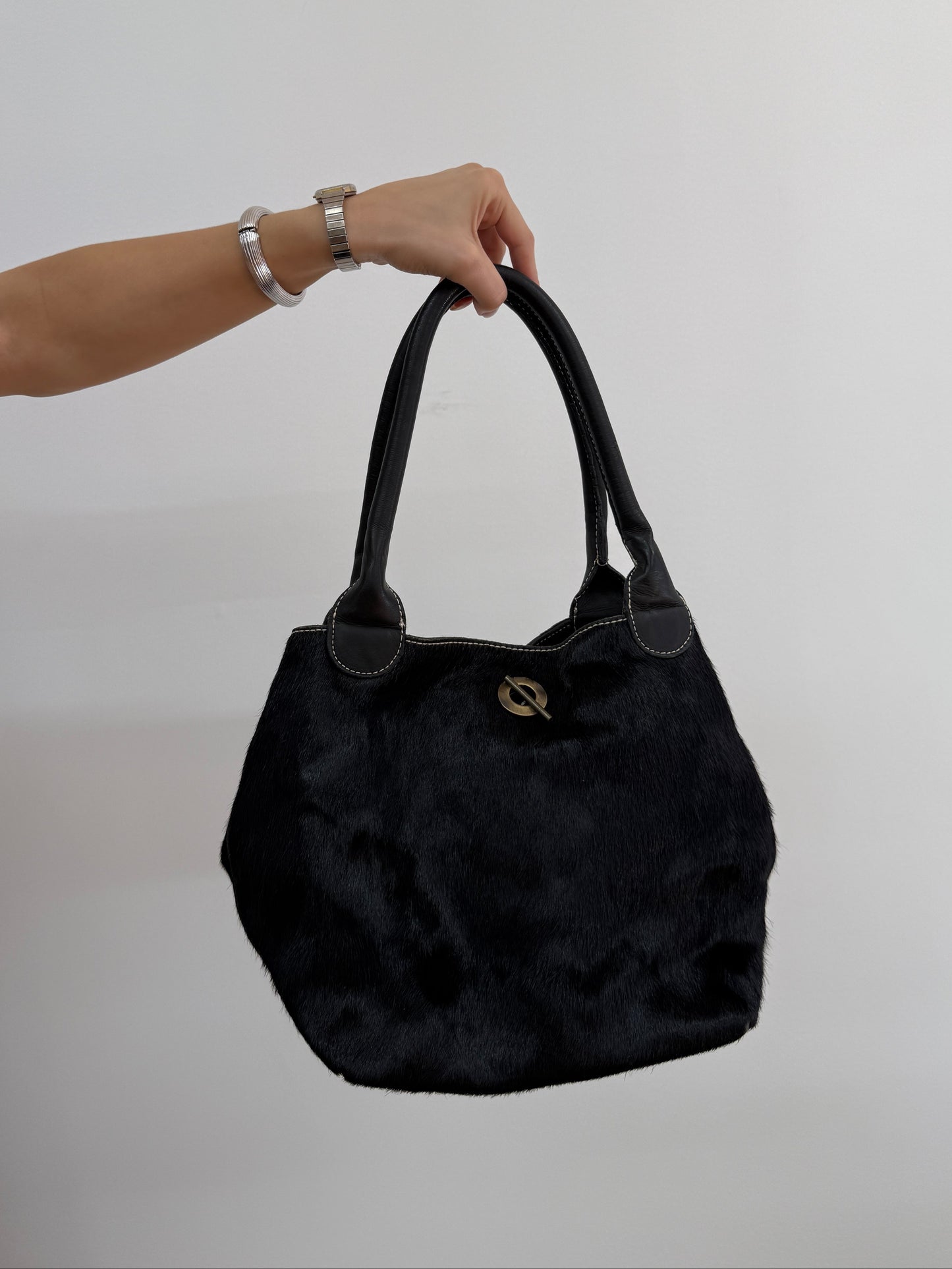 Black Cowhide Bucket Bag