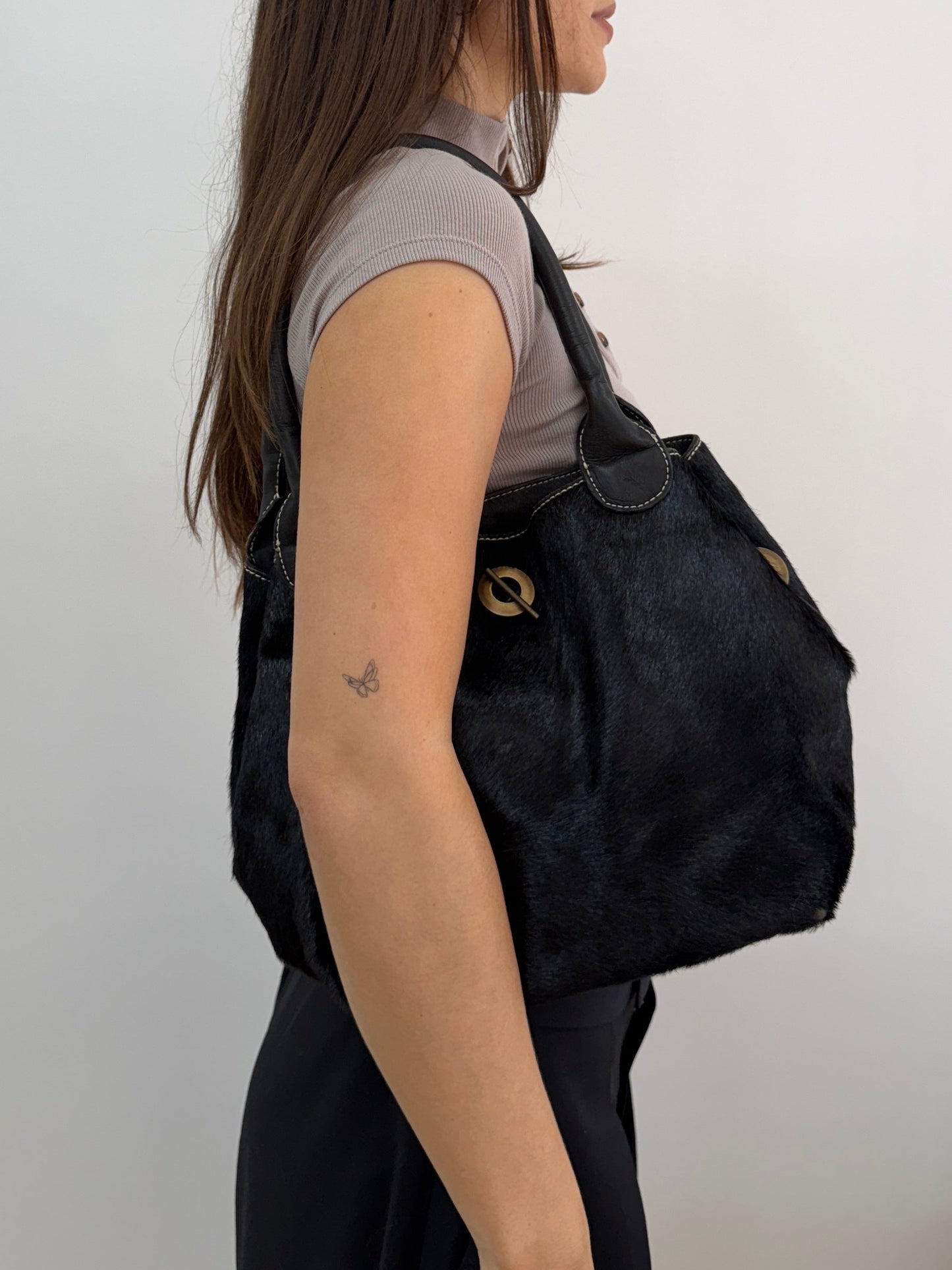 Black Cowhide Bucket Bag