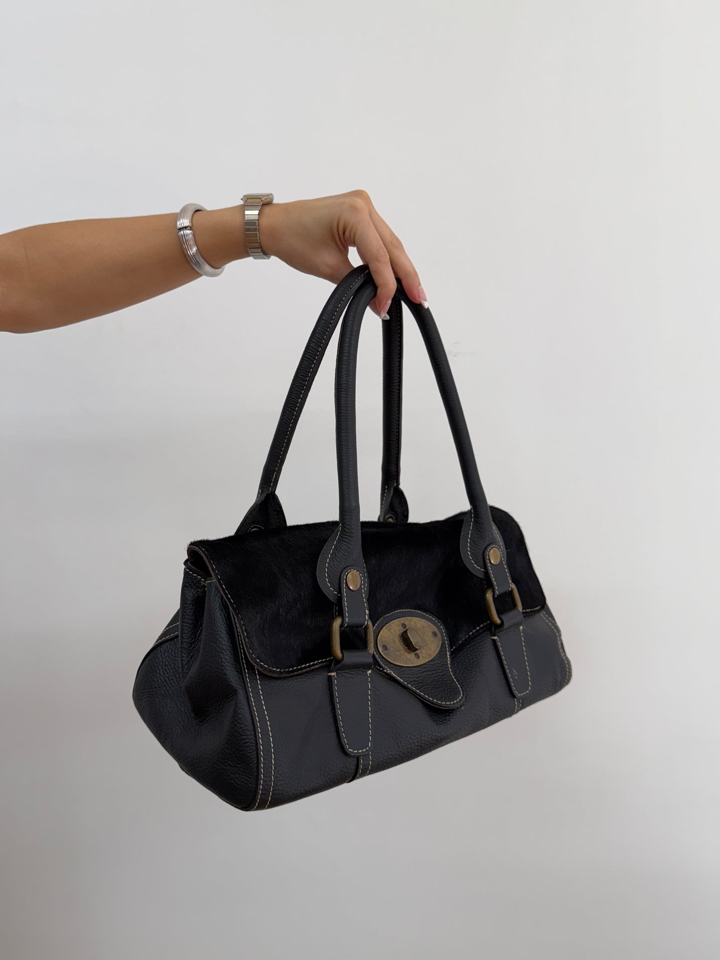 Leather Shoulder Bag w/ Cowhide Front Flap