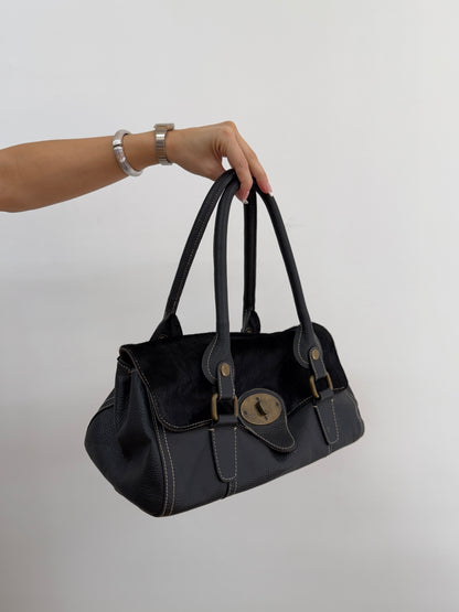 Leather Shoulder Bag w/ Cowhide Front Flap