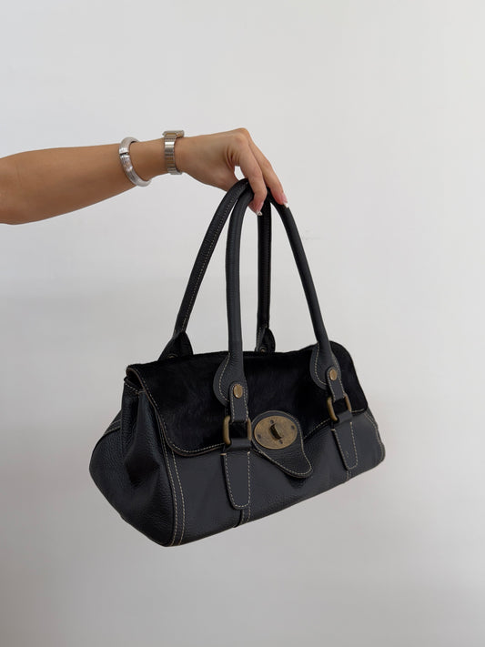 Leather Shoulder Bag w/ Cowhide Front Flap