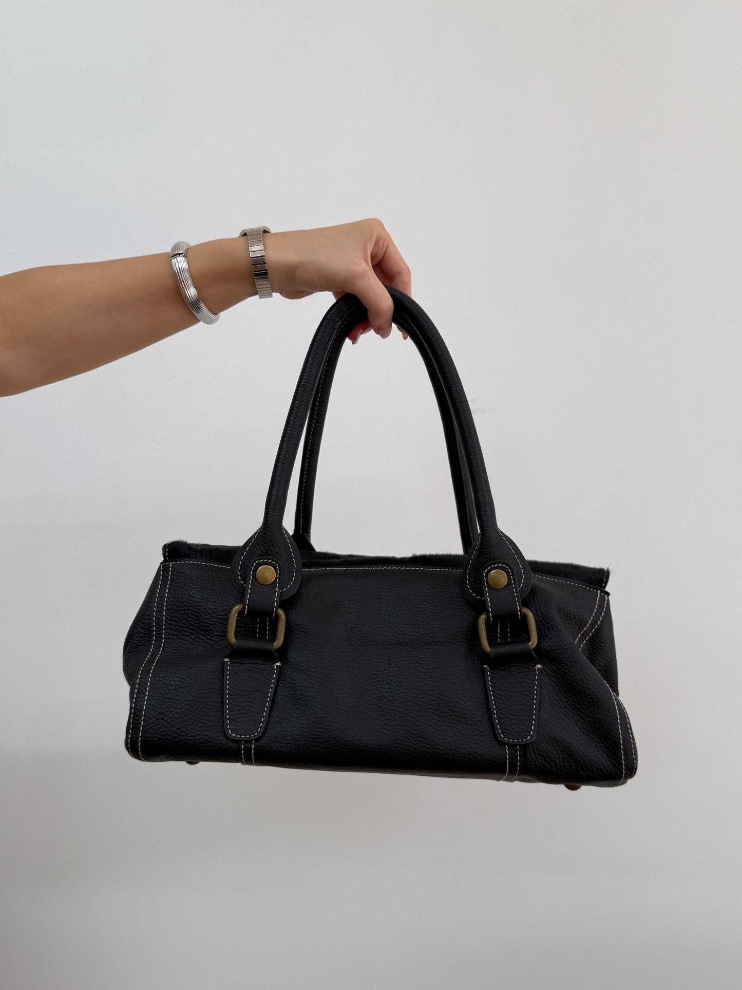 Leather Shoulder Bag w/ Cowhide Front Flap