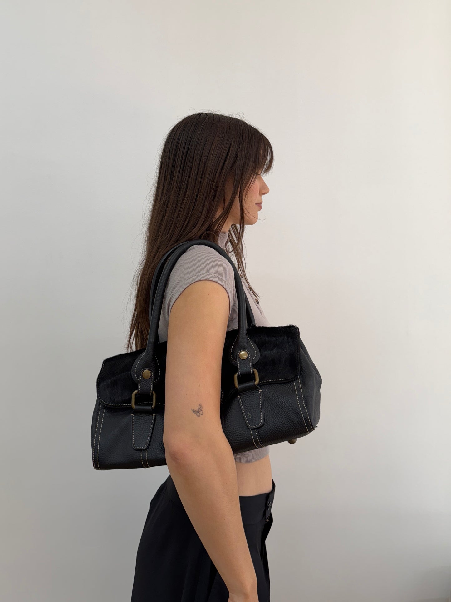 Leather Shoulder Bag w/ Cowhide Front Flap