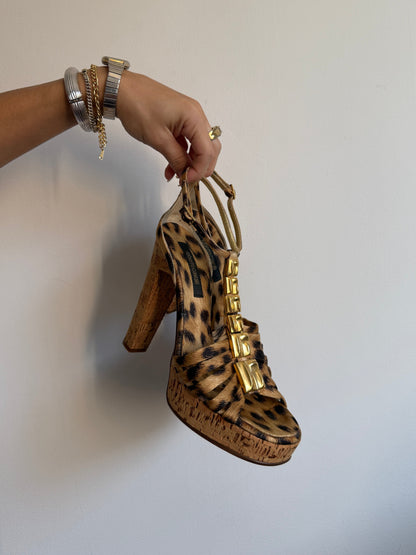Roberto Cavalli Leopard Gold Stone Heels IT 36