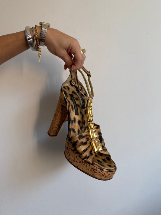Roberto Cavalli Leopard Gold Stone Heels IT 36