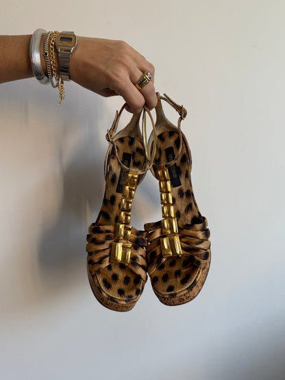 Roberto Cavalli Leopard Gold Stone Heels IT 36