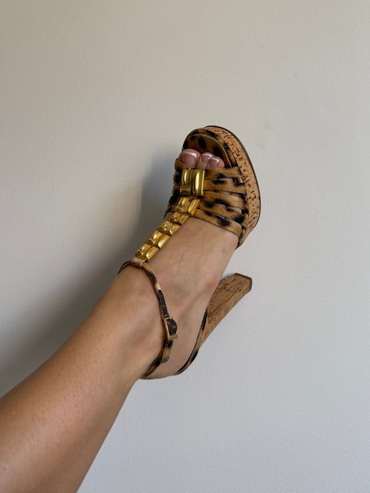 Roberto Cavalli Leopard Gold Stone Heels IT 36