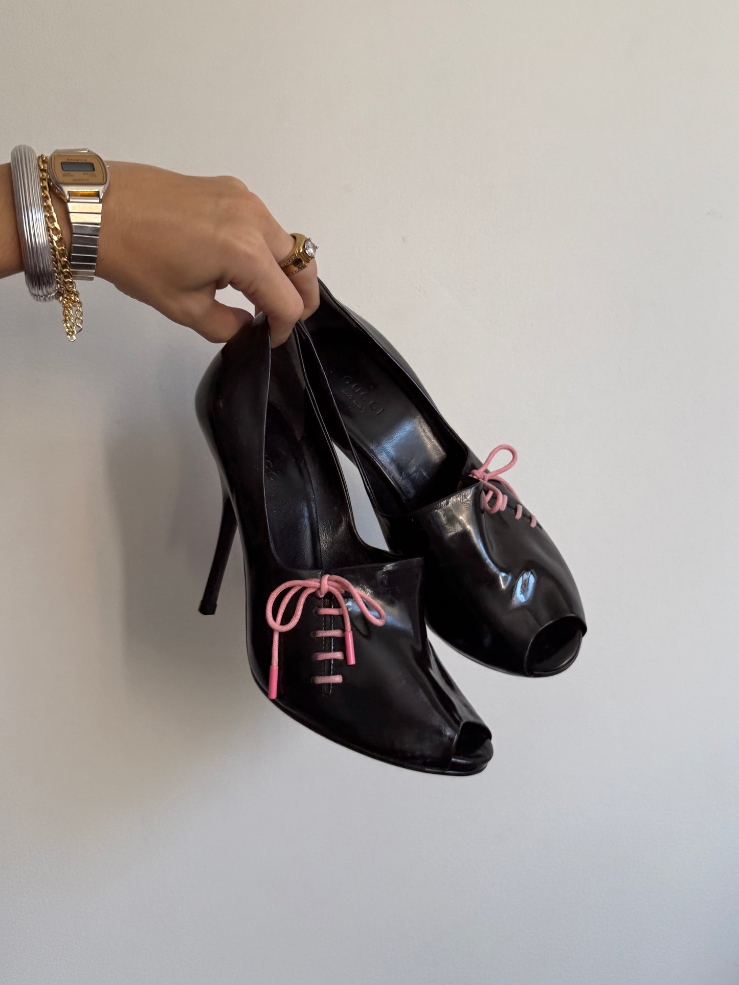 Gucci Black Heels with Pink Ribbon IT 36.5