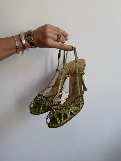 Dolce and Gabbana Green Strappy Snakeskin Heels IT 38/39