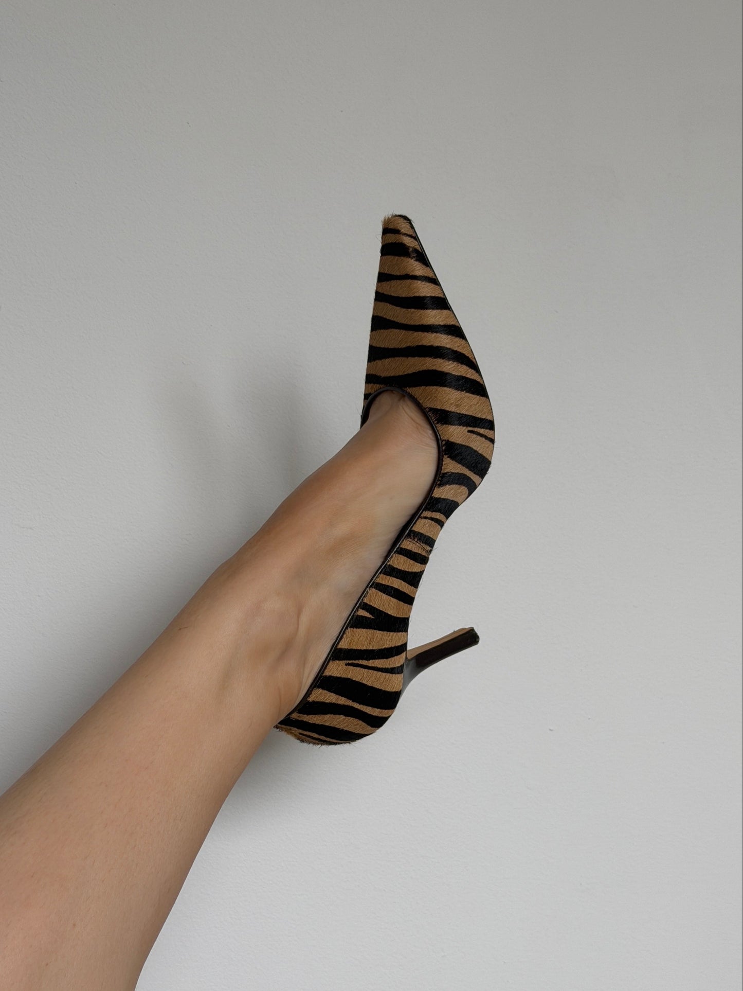 Zebra print high-heeled shoes on a plain background
