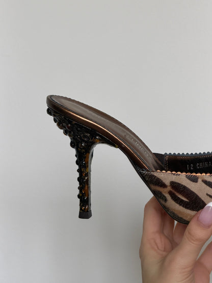 Leopard print high-heeled shoe held by a hand against a plain background