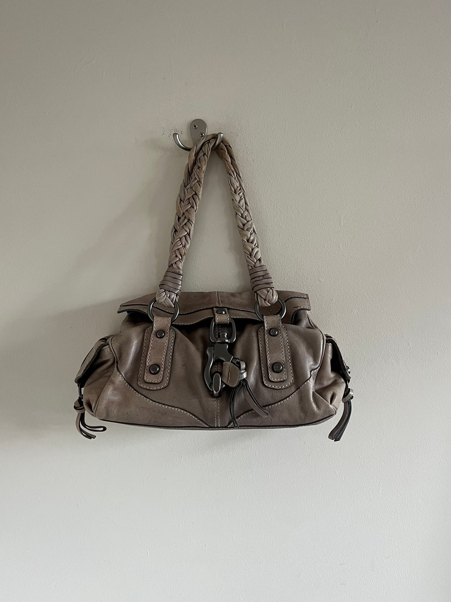 Greige Braided Strap Shoulder Bag