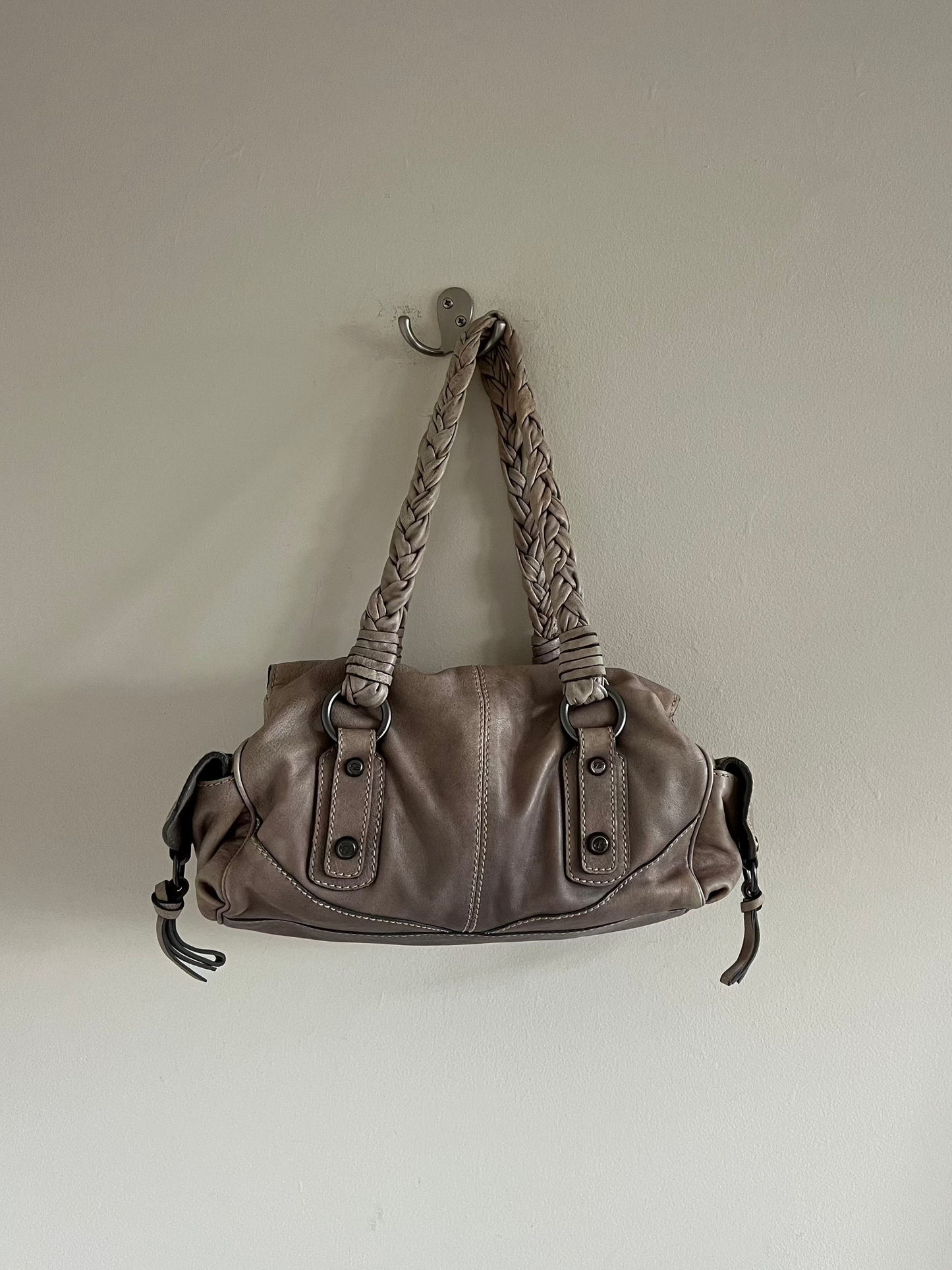Greige Braided Strap Shoulder Bag